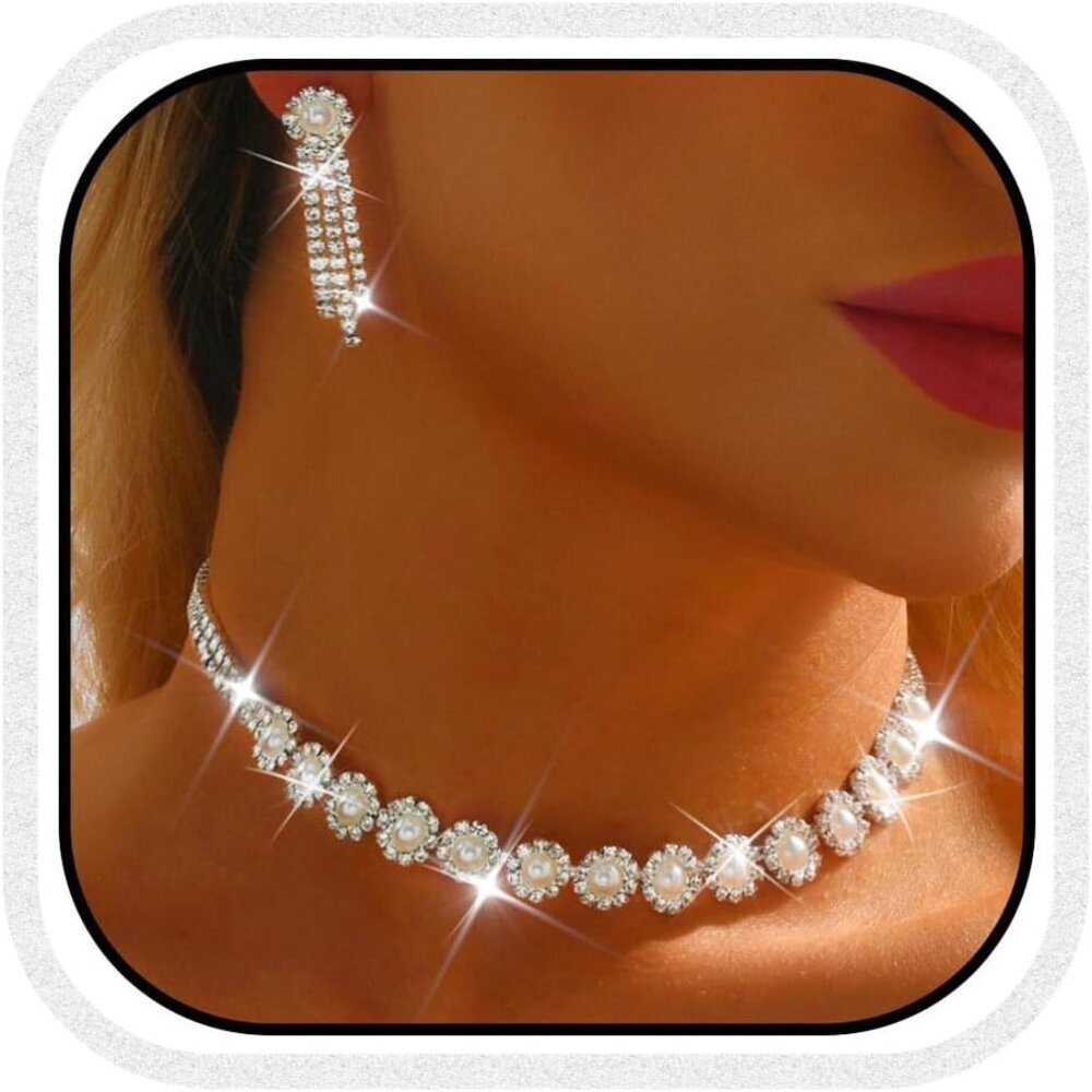 Silver Rhinestone Choker Necklace Earrings Sets Bridal Wedding Jewelry Set Prom